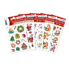 Weihnachtliche Aufkleber-Sets mit verschiedenen Motiven wie Weihnachtsbaum, Geschenken, Schneemännern und Santa Claus.
