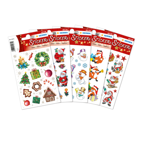 Weihnachtliche Aufkleber-Sets mit verschiedenen Motiven wie Weihnachtsbaum, Geschenken, Schneemännern und Santa Claus.