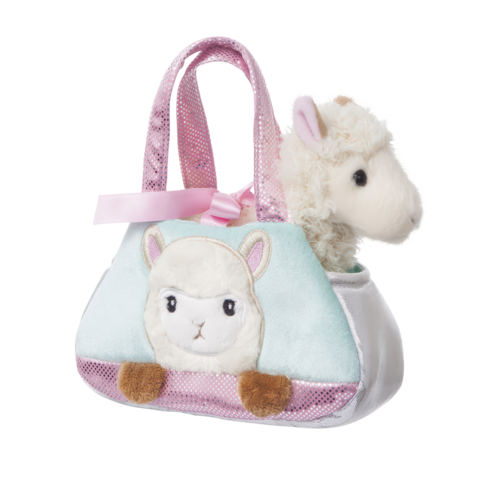 Plüschhandtasche mit einem Lama-Motiv und einem kleinen, weichen Lama-Spielzeug, das aus der Tasche schaut.