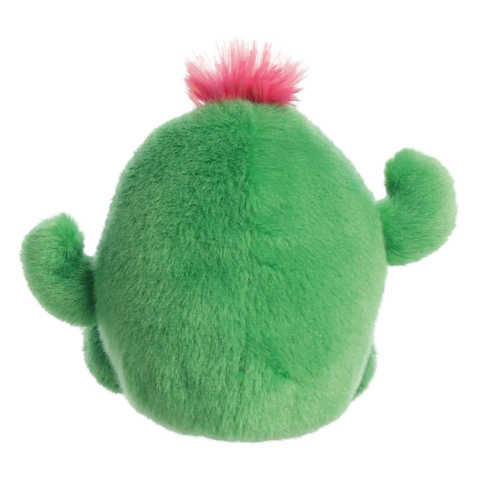 Plüschcactus mit pinkem Haaransatz, von hinten betrachtet. Der Cactus hat zwei kleine Arme und eine runde Form.