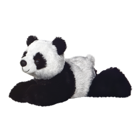 Plüschpanda liegt entspannt mit schwarzem und weißem Fell, große runde Ohren und freundliches Gesicht.