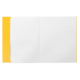 Offenes Notizbuch mit weißen, linierten Seiten und einem gelben Einband auf der linken Seite.