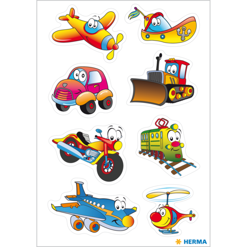 Bunte Aufkleber von Fahrzeugen: Flugzeug, Boot, Auto, Bagger, Motorrad, Zug, Hubschrauber, alle mit lächelnden Gesichtern.
