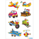 Bunte Aufkleber von Fahrzeugen: Flugzeug, Boot, Auto, Bagger, Motorrad, Zug, Hubschrauber, alle mit lächelnden Gesichtern.