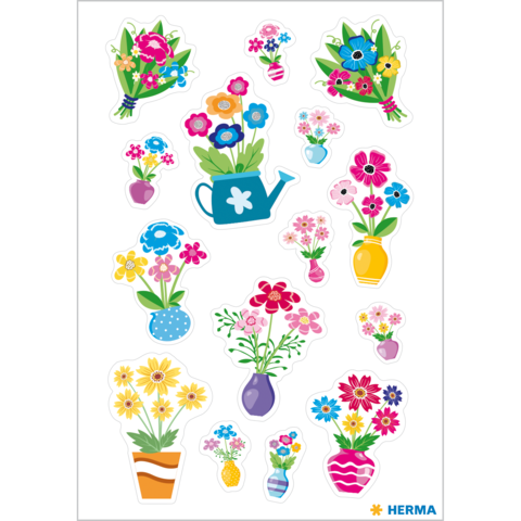 Bunte Aufkleber mit verschiedenen Blumenarrangements, Vasen und einer Gießkanne, die fröhliche florale Designs zeigen.
