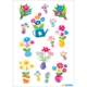 Bunte Aufkleber mit verschiedenen Blumenarrangements, Vasen und einer Gießkanne, die fröhliche florale Designs zeigen.