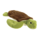 Plüschschildkröte mit grünem Körper und braunem Panzer, liegend auf einer weißen Unterlage.