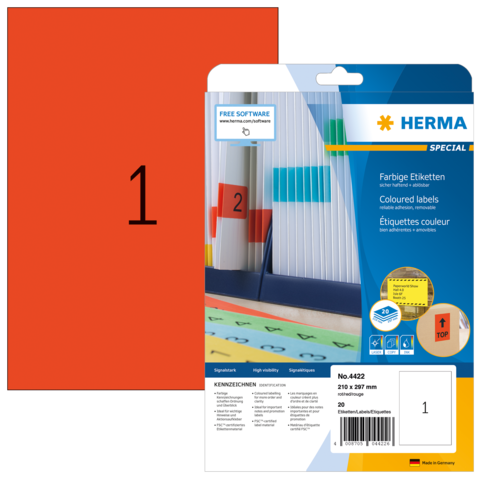 Bunte Etikettenpackung mit der Nummer 1, präsentiert auf einem roten Hintergrund. Enthält Informationen zu Software und Anwendung.