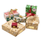 Bunte, festlich verpackte Geschenke in verschiedenen Größen und Designs, dekoriert mit Schleifen und Etiketten.