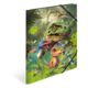 Bunte Darstellung von Dinosauriern in einer Dschungelumgebung, einschließlich eines Tyrannosaurus Rex und verschiedener kleinerer Arten.
