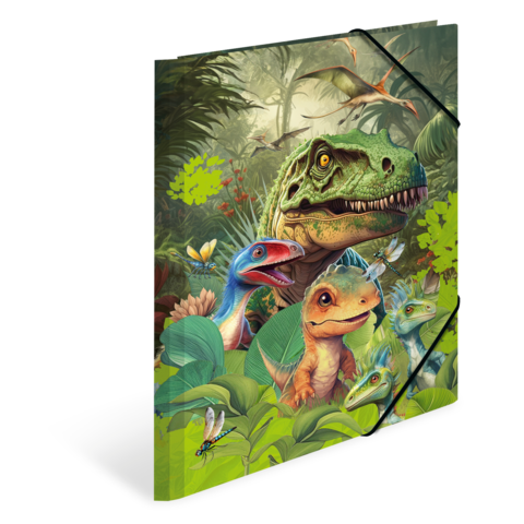 Bunte Darstellung von Dinosauriern in einer Dschungelumgebung, einschließlich eines Tyrannosaurus Rex und verschiedener kleinerer Arten.