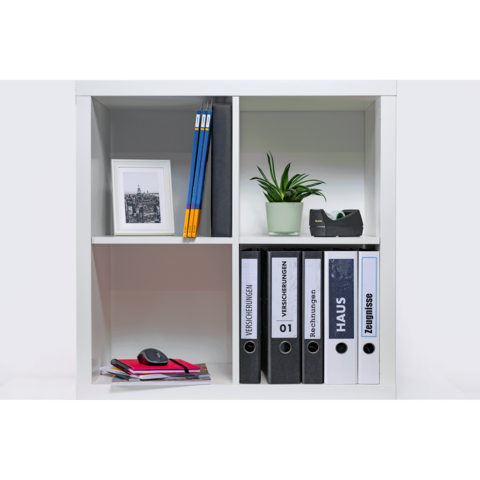 Ein Regal mit verschiedenen Fächern, das eine Pflanze, einen Bilderrahmen, Stifte, eine Maus und mehrere Ordner zeigt.