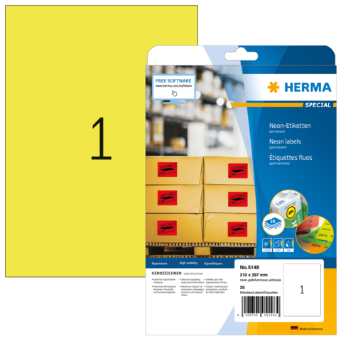 Neon-Etiketten in gelber Farbe, verpackt in einer transparenten Hülle, mit der Nummer 1 und Informationen zu Größe und Menge.