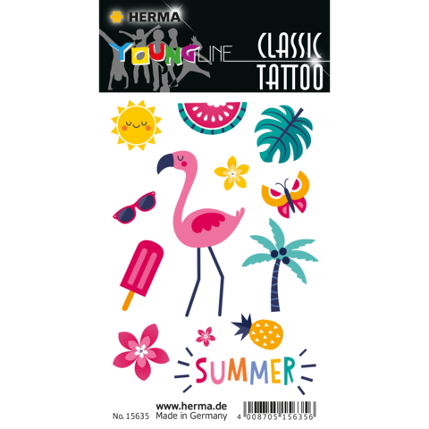Bunte temporäre Tattoos mit Sommermotiven wie einem Flamingo, einer Wassermelone, einer Palme, Sonnenbrille und Blumen.