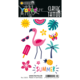 Bunte temporäre Tattoos mit Sommermotiven wie einem Flamingo, einer Wassermelone, einer Palme, Sonnenbrille und Blumen.