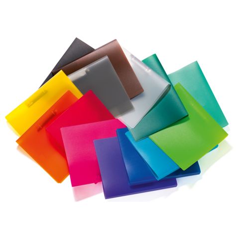 Bunte Kunststoffhüllen in verschiedenen Farben, übereinander gestapelt, zeigen eine Vielfalt an transparenten und undurchsichtigen Oberflächen.