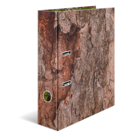 Ordner mit einer Oberfläche, die wie Baumrinde aussieht, mit zwei Metallösen und einem runden Ausschnitt auf der Vorderseite.