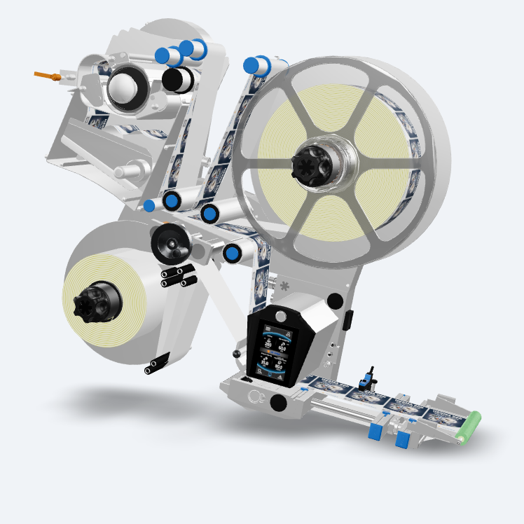 Technische Darstellung eines Etikettiergeräts mit Rollen, Antriebsmechanismen und Steuerungselementen in einem modernen Design.