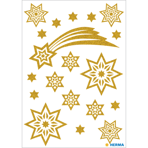 Goldene Sterne und ein Komet auf weißem Hintergrund, verschiedene Größen und Formen der Sterne sind angeordnet.