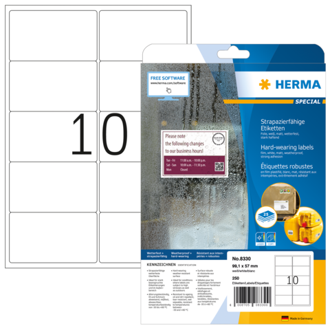 Ein Blatt mit 10 robusten Etiketten, verpackt in einer durchsichtigen Hülle. Hinweise zur Verwendung und Software sind auf der Verpackung.