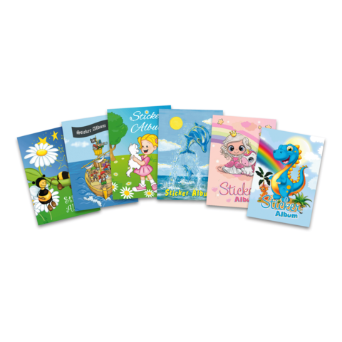 Sechs Stickeralben mit bunten Cover-Illustrationen, darunter Tiere, Blumen und Fantasiewesen. Jedes Album trägt den Titel "Sticker Album".
