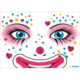 Bunte Clownsgesicht mit großen blauen Augen, roter Nase und glitzernden Herzchen in verschiedenen Farben.