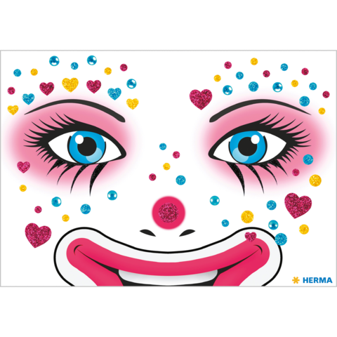 Bunte Clownsgesicht mit großen blauen Augen, roter Nase und glitzernden Herzchen in verschiedenen Farben.
