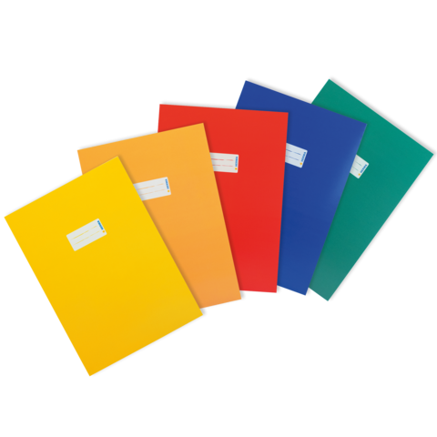 Fünf farbige Ordner in Gelb, Orange, Rot, Blau und Grün, jeweils mit einem Etikett auf der Vorderseite.