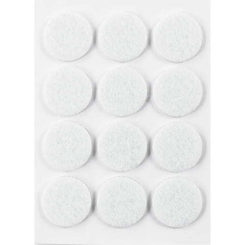 Zehn weiße, runde Filzuntersetzer auf einem weißen Hintergrund, gleichmäßig in zwei Reihen angeordnet.
