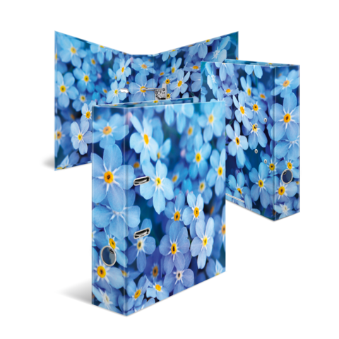 Bunte Ordner mit einem floralen Muster aus blauen und gelben Blumen auf einer hellen Hintergrundfläche.