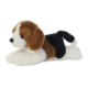 Plüschhund im Liegen, mit braun-weißer und schwarzer Fellzeichnung, zeigt einen freundlichen Ausdruck.