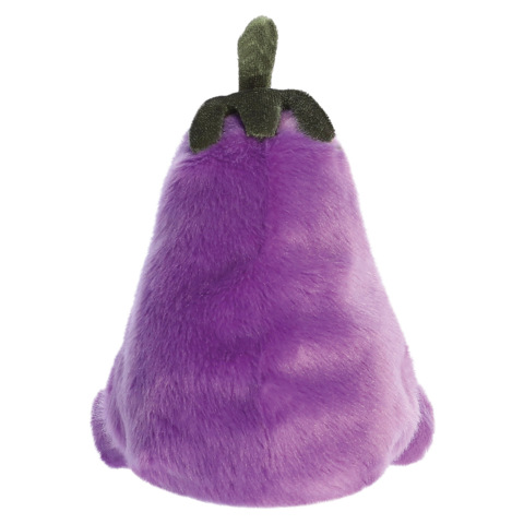 Lila, plüschige Aubergine mit grünen Blättern oben, von hinten betrachtet.