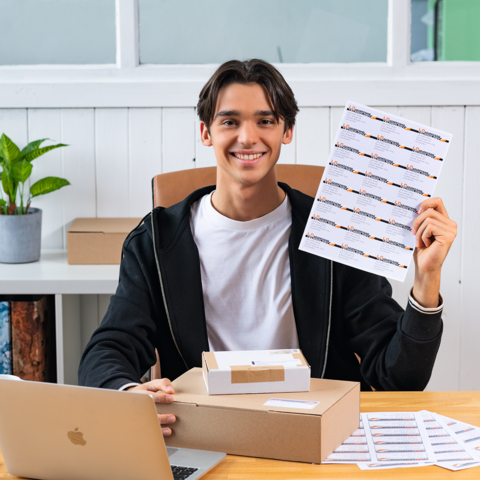 Ein junger Mann sitzt an einem Tisch, lächelt und hält ein Blatt mit Aufklebern in der Hand. Vor ihm liegen ein Karton und ein Laptop.