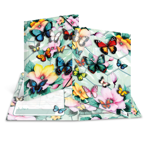 Bunte Schmetterlinge und Blumen auf einem Notizblock und einer Mappe, die ein fröhliches, florales Design zeigen.