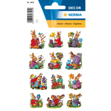 Bunte Aufkleber mit verschiedenen Hasenmotiven, die Blumen und Ostereier halten oder umgeben sind. Ideal für Dekorationen.