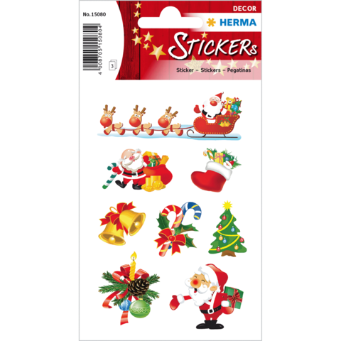Weihnachtliche Aufkleber mit Santa Claus, Rentieren, Geschenken, Weihnachtsbaum, Glocken und Süßigkeiten in verschiedenen Designs.