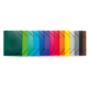 Bunte Klarsichthüllen in verschiedenen Farben, geordnet von grün über blau, rot, bis hin zu gelb und braun.