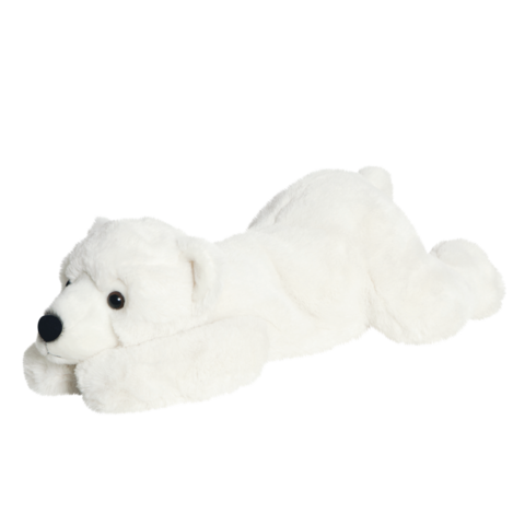 Weißer Plüsch-Eisbär, der flach auf dem Boden liegt, mit einem freundlichen Gesicht und schwarzen Augen.