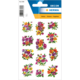 Bunte Blumenaufkleber in verschiedenen Farben und Formen, angeordnet auf einem weißen Hintergrund. Ideal für Dekorationszwecke.