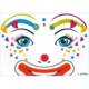 Bunte Clownsmaske mit strahlenden Augen, roter Nase und glitzernden Details. Farbige Akzente und fröhliches Design.