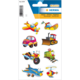 Bunte Aufkleber mit verschiedenen Fahrzeugen, darunter ein Flugzeug, Auto, Zug, und Hubschrauber, alle mit wackelnden Augen.