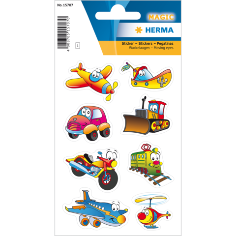 Bunte Aufkleber mit verschiedenen Fahrzeugen, darunter ein Flugzeug, Auto, Zug, und Hubschrauber, alle mit wackelnden Augen.