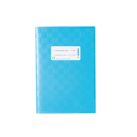 Blaues Notizbuch mit einer weißen Etikette auf der Vorderseite, die Platz für eine Beschriftung bietet.