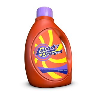 Waschmittel in einer orangefarbenen Flasche mit lila Deckel, beschriftet mit "Laundry Detergent" und dem Hinweis auf den Originalduft.