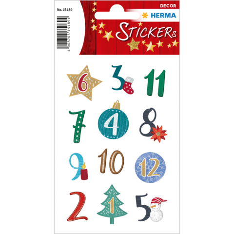 Bunte Aufkleber mit Zahlen von 1 bis 12, Weihnachtsmotiven wie einem Baum, einer Kerze und einem Stern.