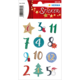 Bunte Aufkleber mit Zahlen von 1 bis 12, Weihnachtsmotiven wie einem Baum, einer Kerze und einem Stern.