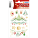 Weihnachtliche Aufkleber mit Tannenbäumen, Geschenken, Sternen und Glocken in verschiedenen Farben auf einem Bogen.