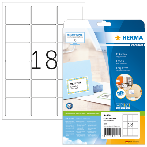 Etikettenpackung mit 18 leeren Labels, abgebildet auf einer blauen Verpackung mit dem Schriftzug "HERMA PREMIUM".