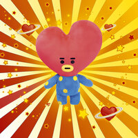 Ein plüschiger Charakter mit einem herzförmigen Kopf und blauen Punkten auf dem Körper, umgeben von einem bunten, strahlenden Hintergrund mit Herzen und Sternen.