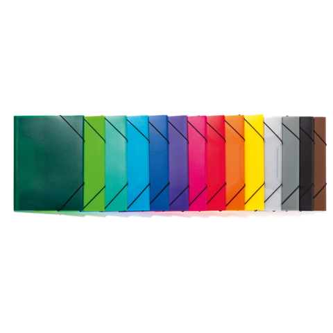Bunte Ordner in verschiedenen Farben, angeordnet in einer Reihe, einschließlich Grün, Blau, Rot, Gelb und Schwarz.